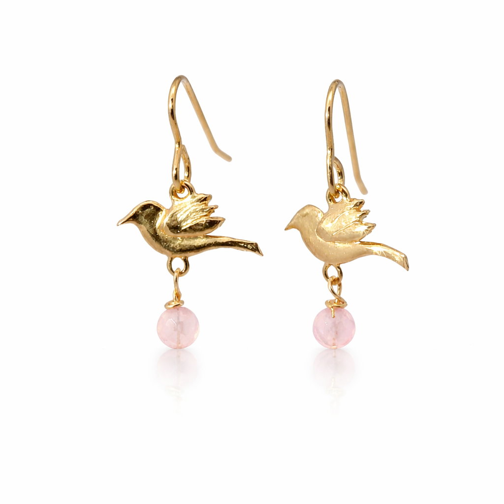 Licensed To Charm Frida Kahlo bird rose quartz drop earrings in 18ct gold vermeil, handmade in the UK
