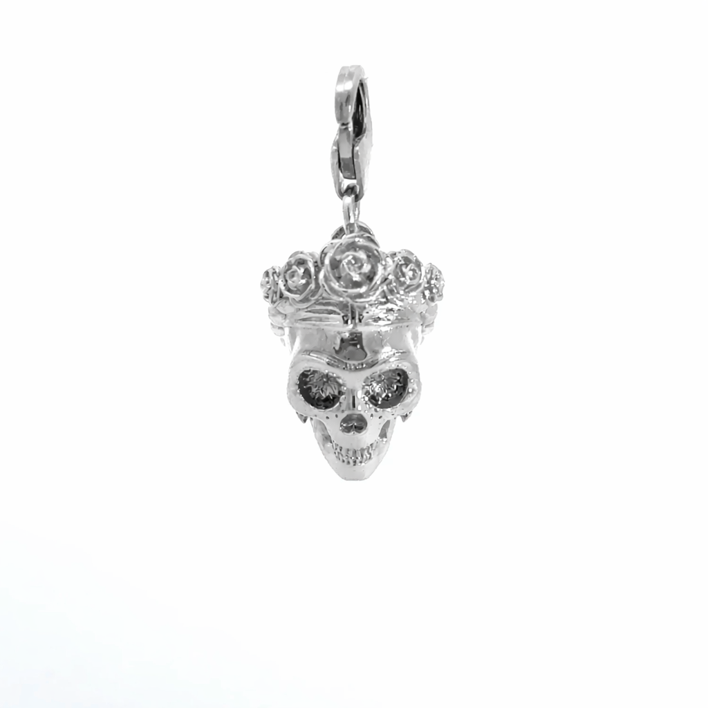 Licensed To Charm Frida Kahlo Sugar Skull Clip-On Charm in sterling silver front view