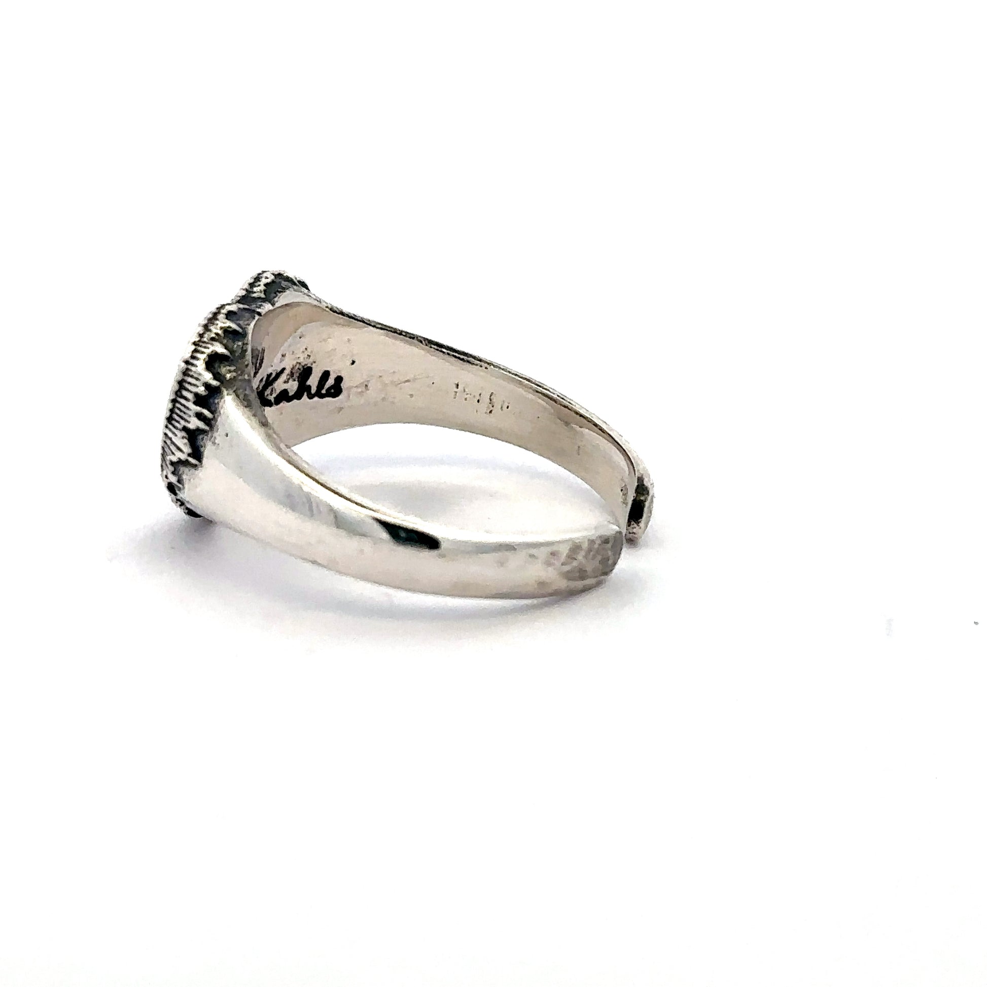 Sterling silver Frida Kahlo Viva La Vida Heart Ring side profile showing engraved detailing.