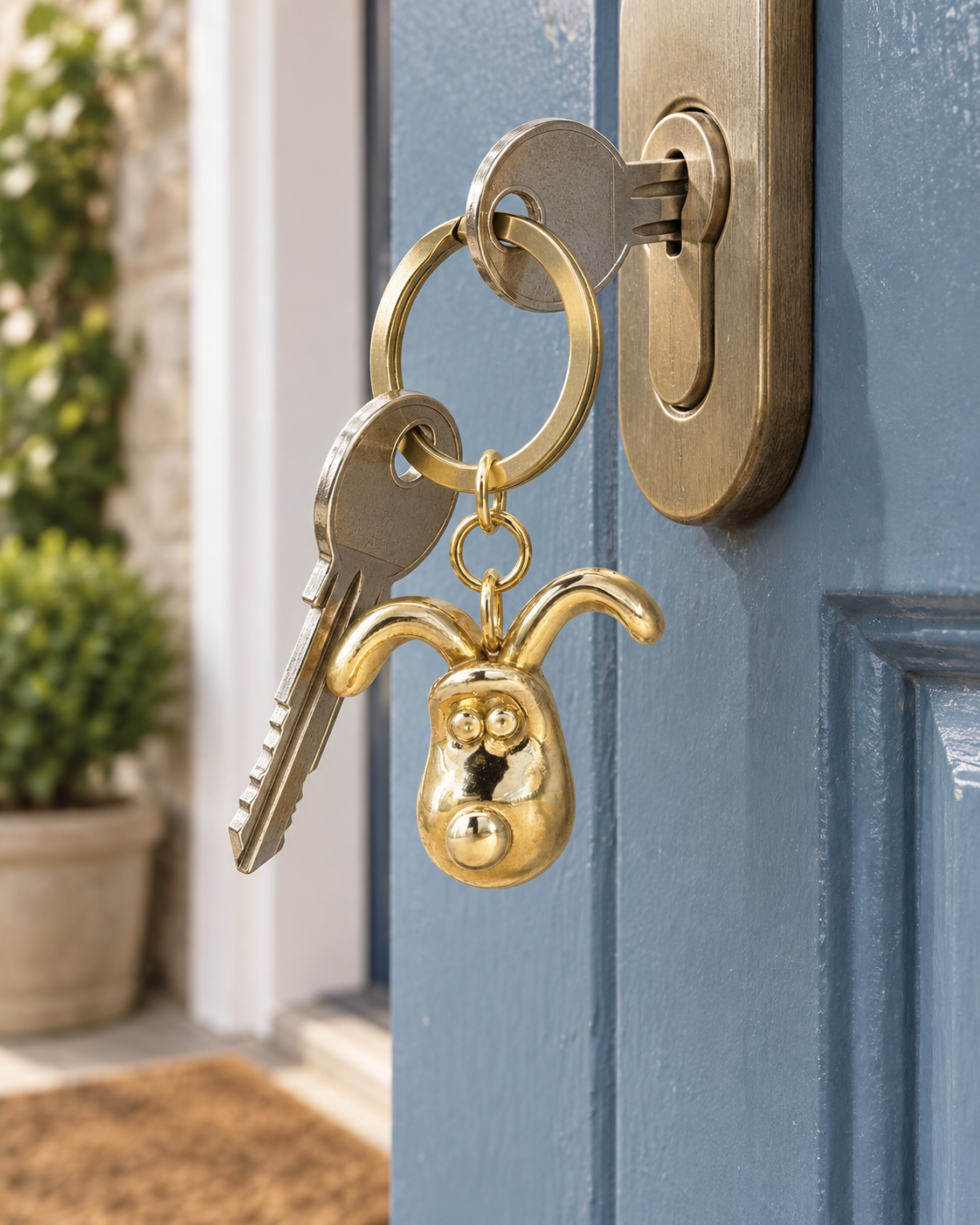 Licensed to Charm Gromit 3D Head Brass Keyring hanging from house keys in a muted blue front door lock.