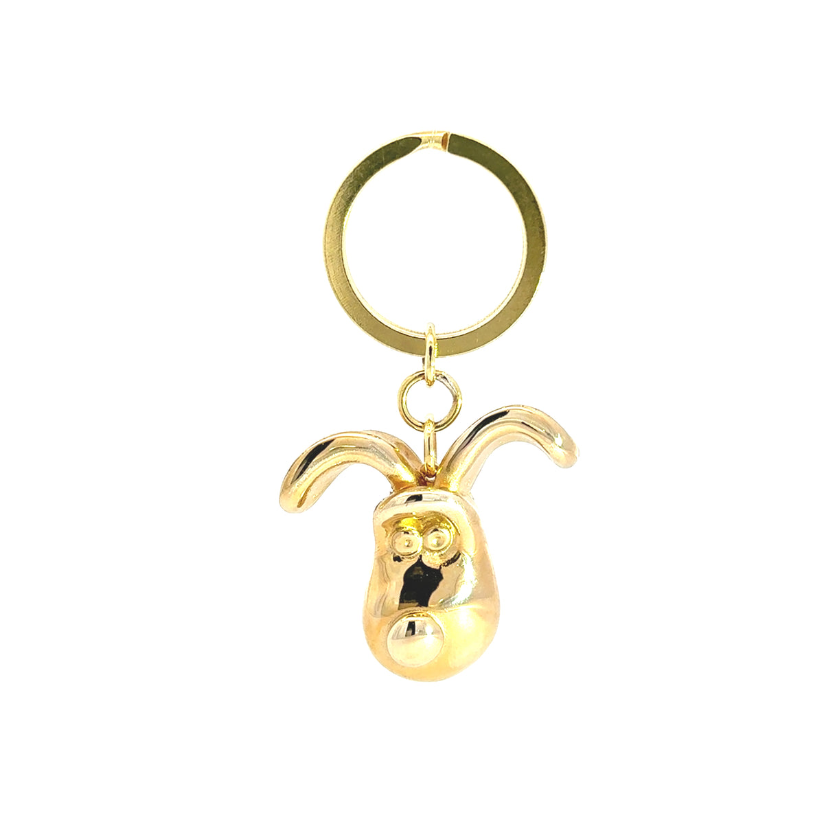 Licensed To Charm Gromit 3D Head Brass Keyring shown from the front on a white background