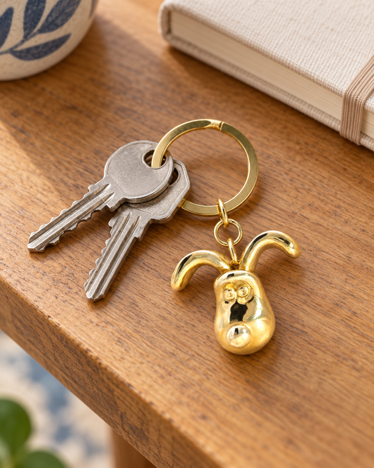 Licensed to Charm Gromit 3D Head Brass Keyring with two house keys on a wooden table beside a cream notebook.