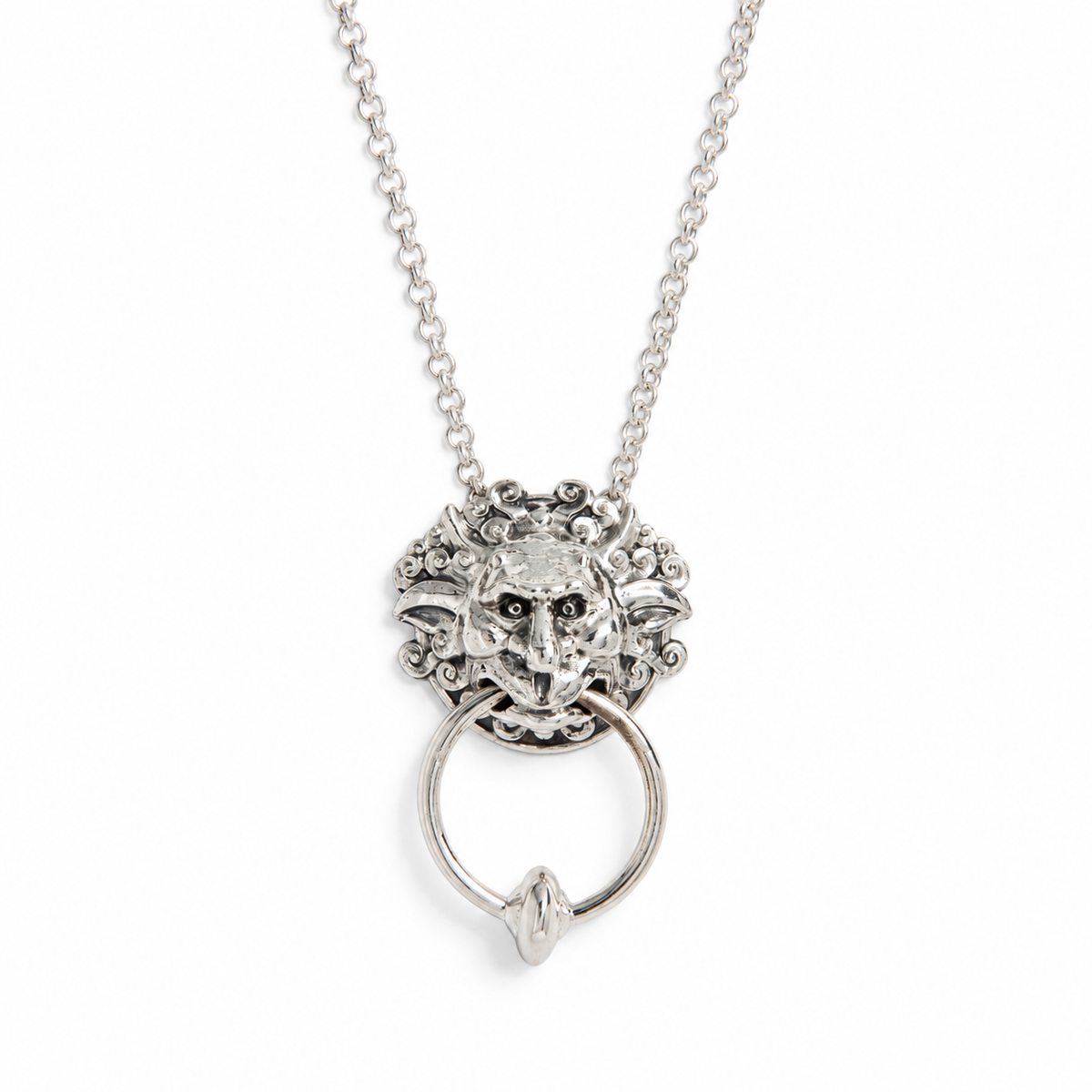 Labyrinth Door Knocker sterling silver necklace with sculpted face and movable ring detail