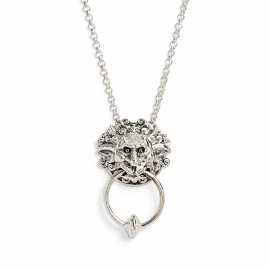 Labyrinth Door Knocker sterling silver necklace with sculpted face and movable ring detail
