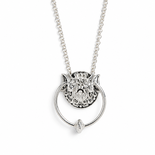 Labyrinth Right Door Knocker sterling silver necklace with sculpted face and movable ring detail