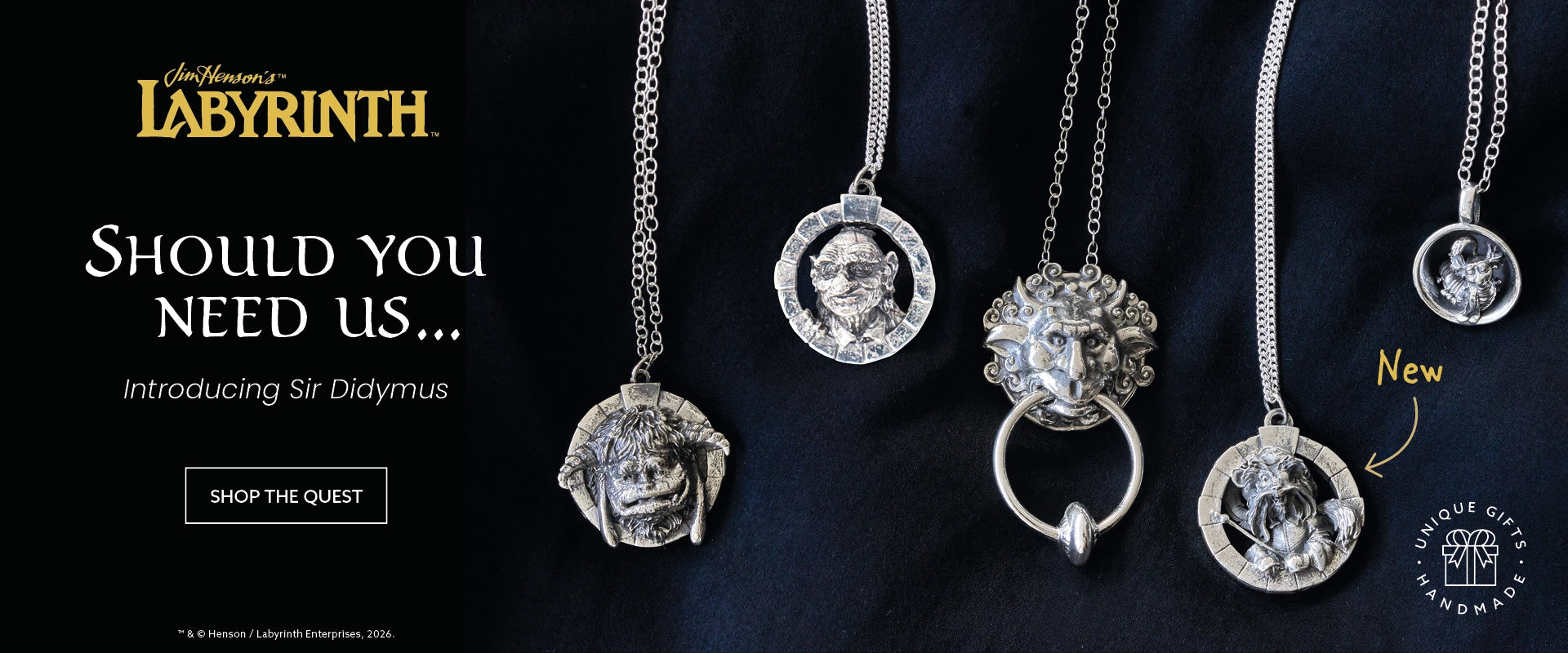 Official Labyrinth jewellery collection by Licensed To Charm featuring Sir Didymus necklace, handmade in the UK in sterling silver and bronze