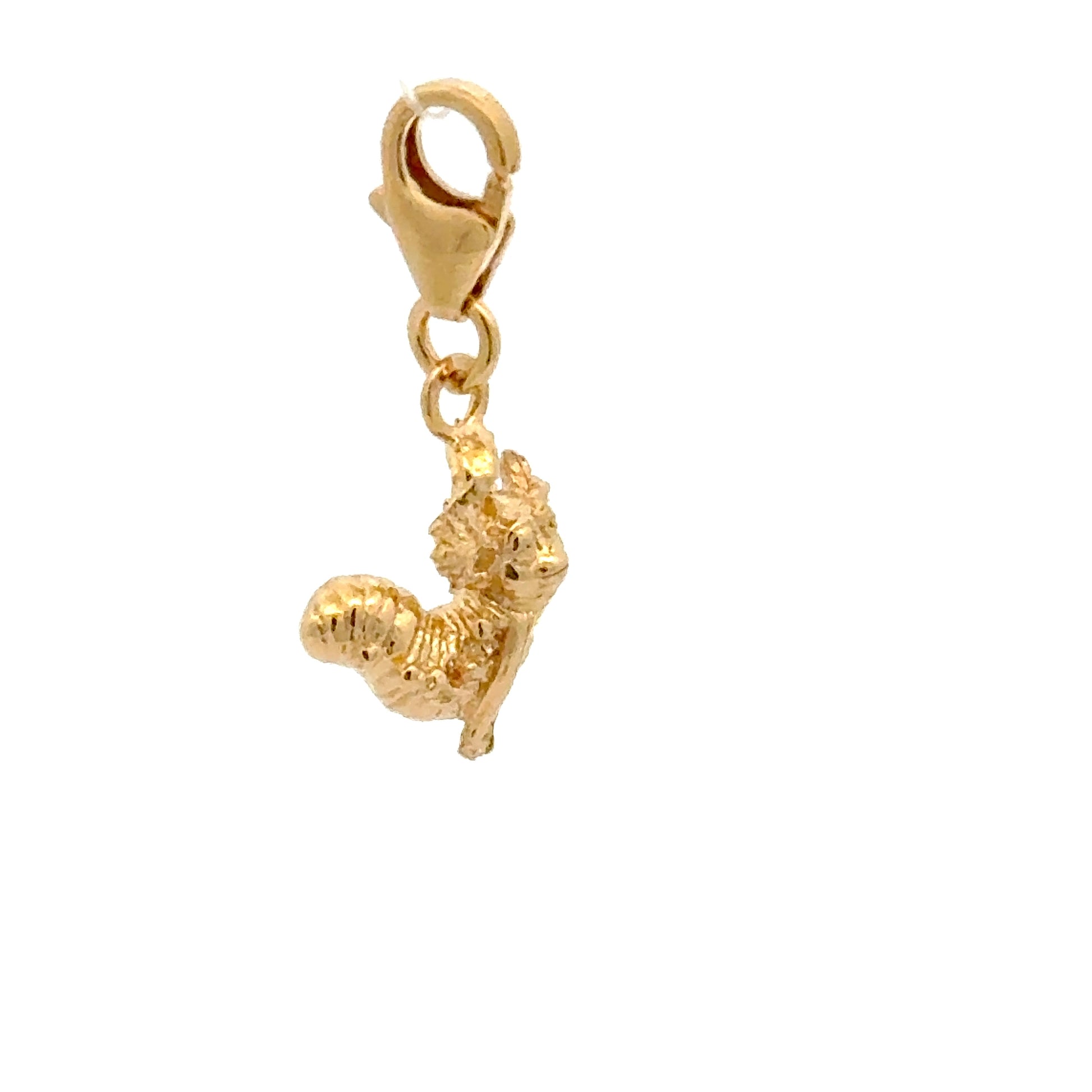 Licensed To Charm gold vermeil Labyrinth Worm Charm – close-up of the secure clip-on clasp, with the Worm’s scarf and textured body clearly visible.
