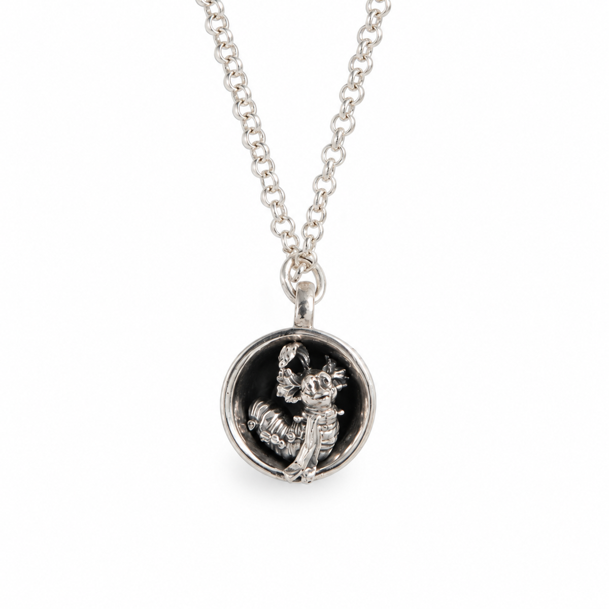 Labyrinth Worm in a Cup sterling silver character necklace with oxidised details