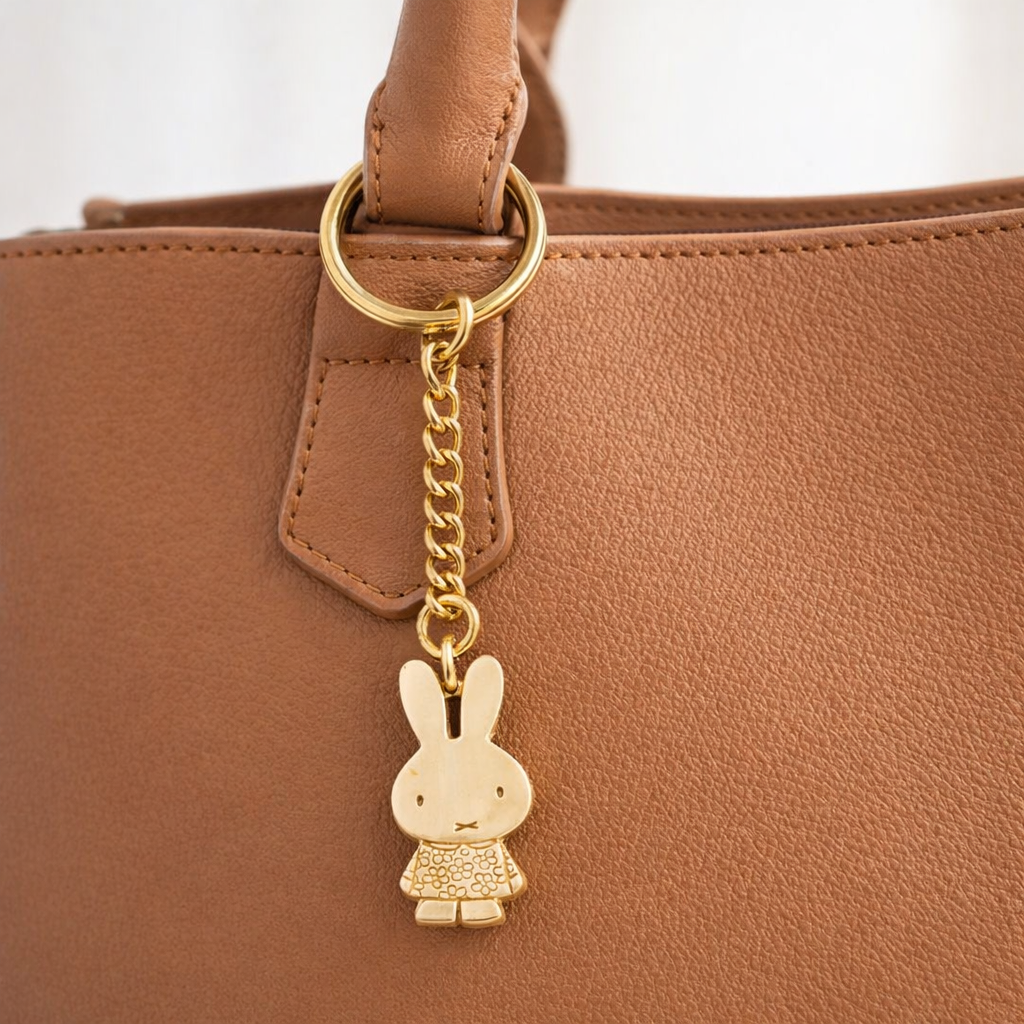 Licensed To Charm gold Miffy daisy bag charm attached to a tan handbag, shown hanging naturally in a soft everyday lifestyle setting