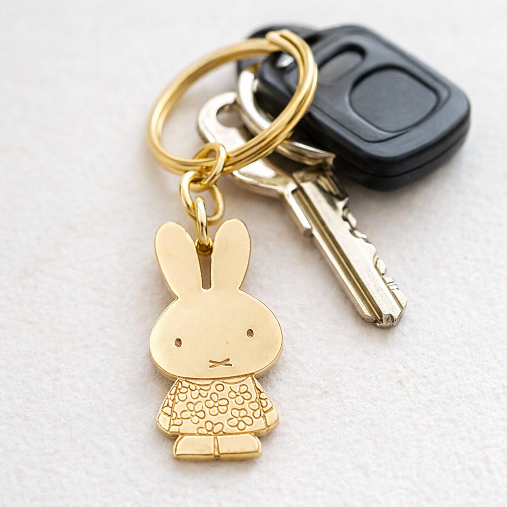 Licensed To Charm gold Miffy daisy keyring attached to a small set of everyday keys with black key fob, shown in a soft natural lifestyle setting