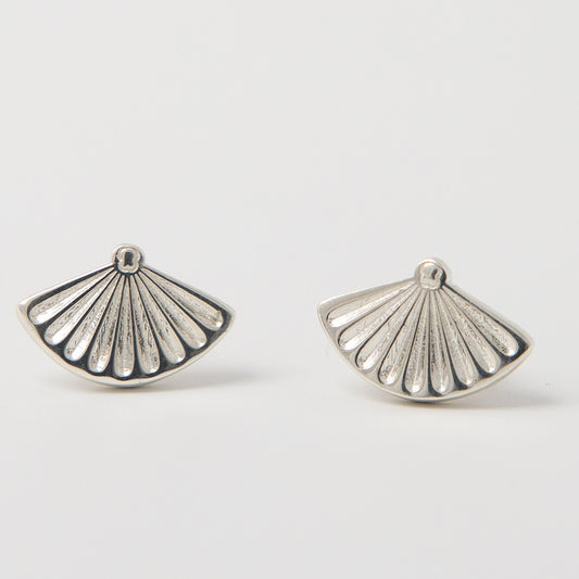 Licensed To Charm Close-up of Miffy Fan Stud Earrings in sterling silver, featuring Miffy’s face within a detailed fan-shaped design.