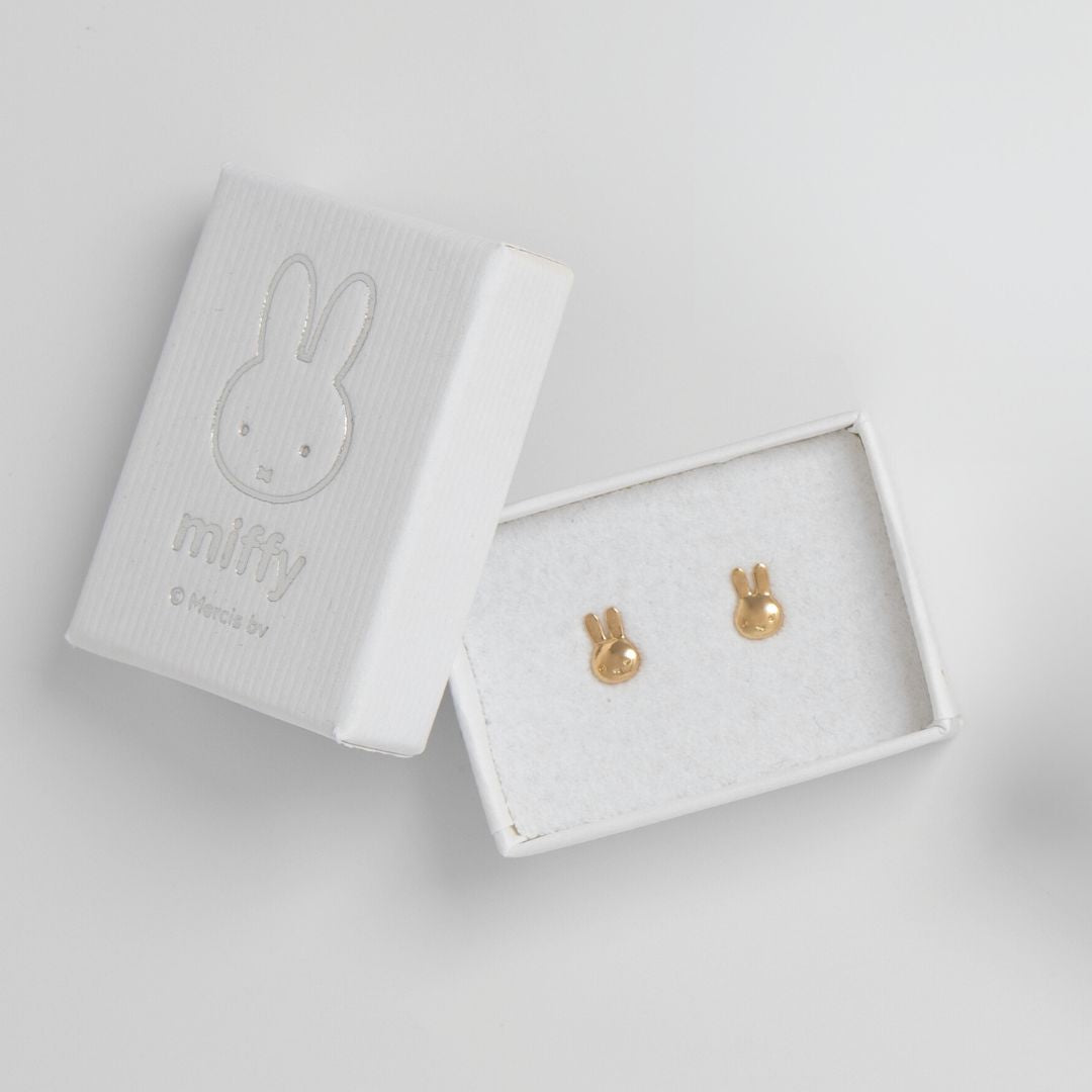 Licensed To Charm Miffy Mini Head stud earrings in 18ct gold vermeil, handmade in the UK, officially licensed Miffy jewellery gift.