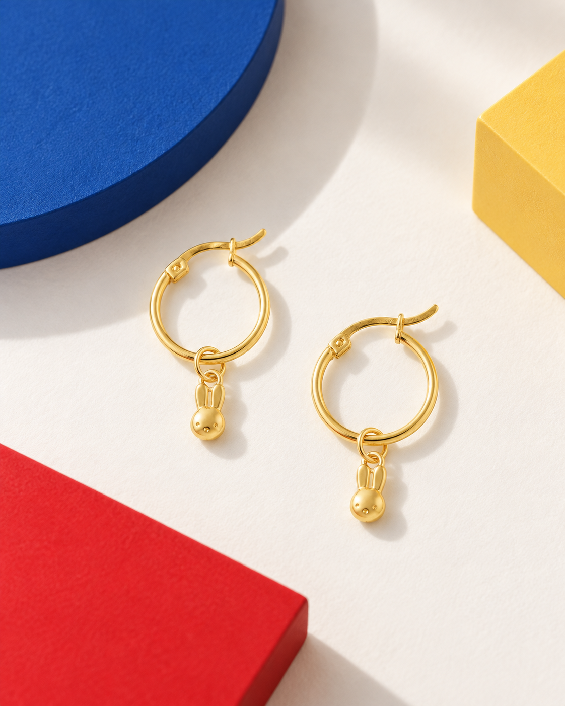 Licensed to Charm Miffy Mini Head Hoop Earrings in 18ct gold vermeil with colourful geometric blocks
