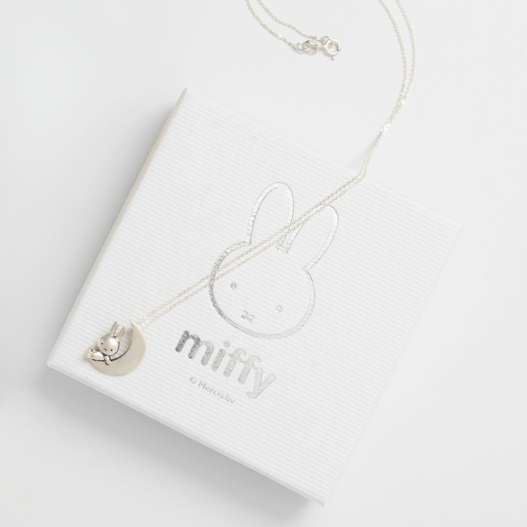 Miffy & The Moon sterling silver necklace worn by model, handmade UK Miffy jewellery gift.