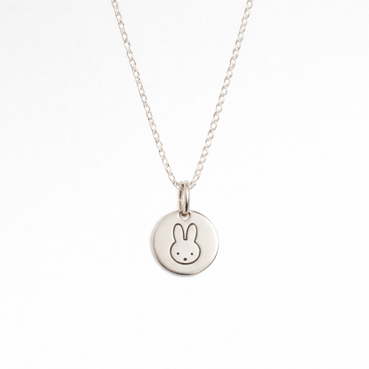 Licensed To Charm sterling silver Miffy small disc necklace with etched Miffy silhouette, shown hanging front on with fine silver chain on a clean white background
