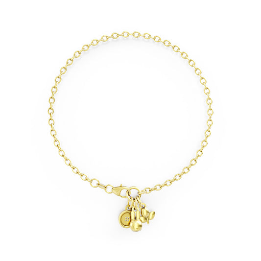 Miffy Triple Charm Bracelet in gold vermeil, featuring Miffy head, button, and tulip charms. Handmade from recycled sterling silver, perfect for gifting