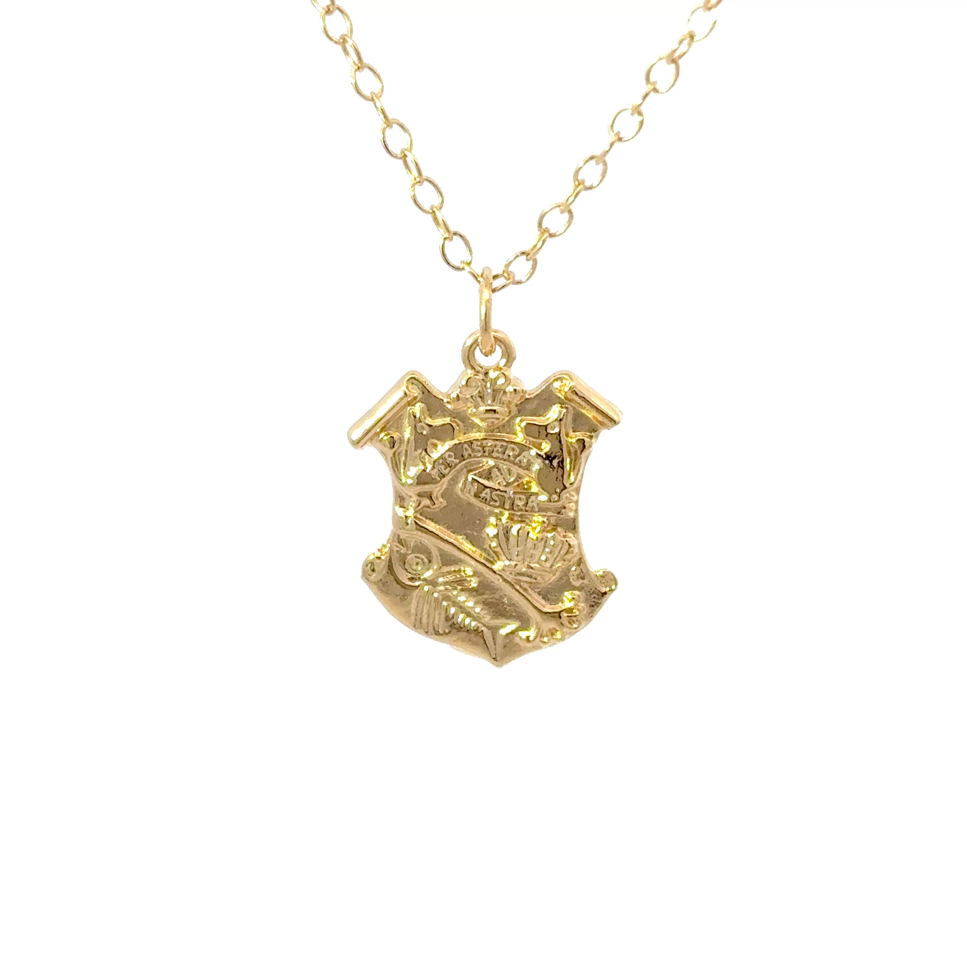 Licensed To Charm 18ct gold vermeil Moomin Crest pendant necklace with engraved Moomins, crown, fish and motto Per Ardua ad Astra