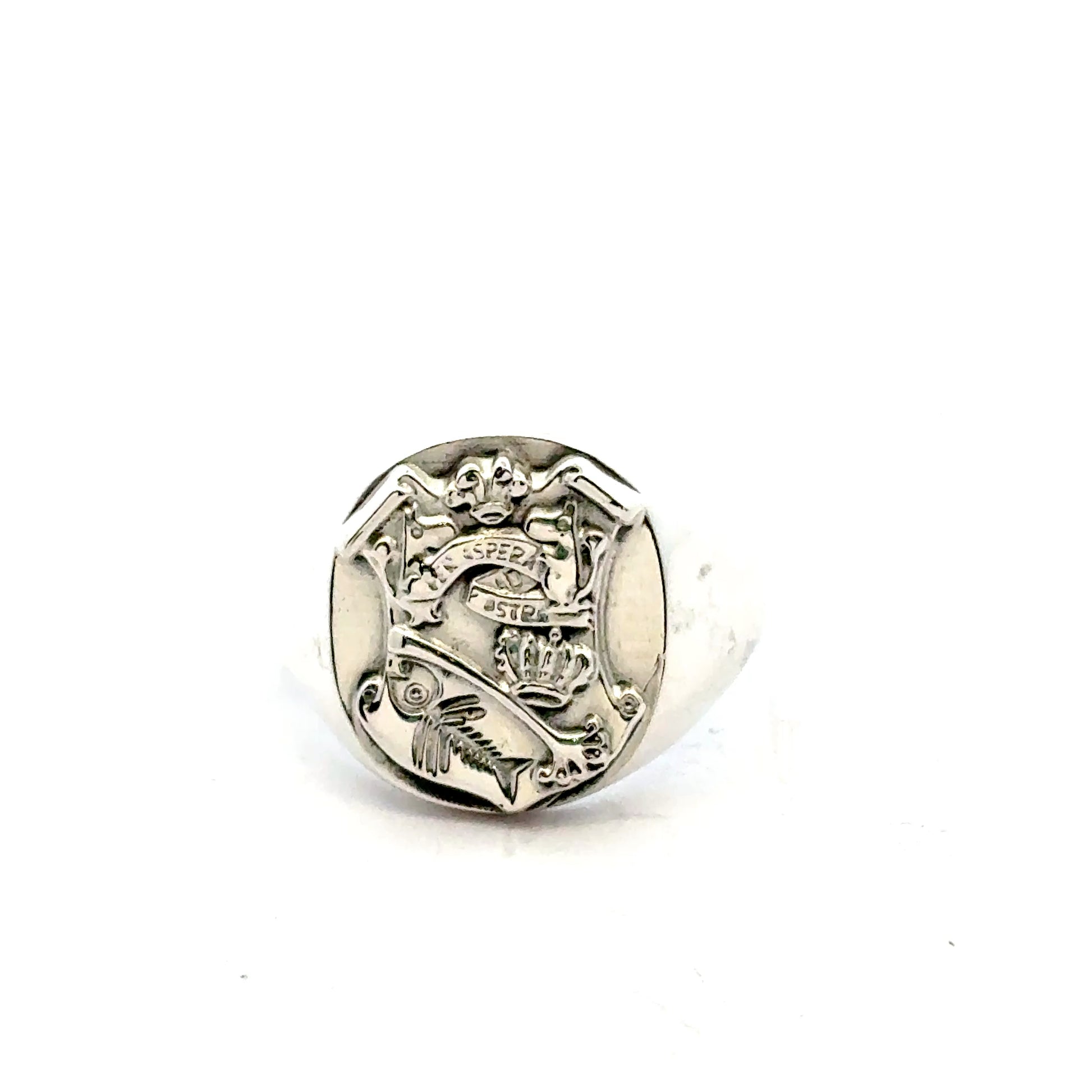 Licensed To Charm Sterling silver Moomin Crest Signet Ring by Licensed To Charm showing engraved crest with two Moomins, crown, fish and motto Per Ardua ad Astra.