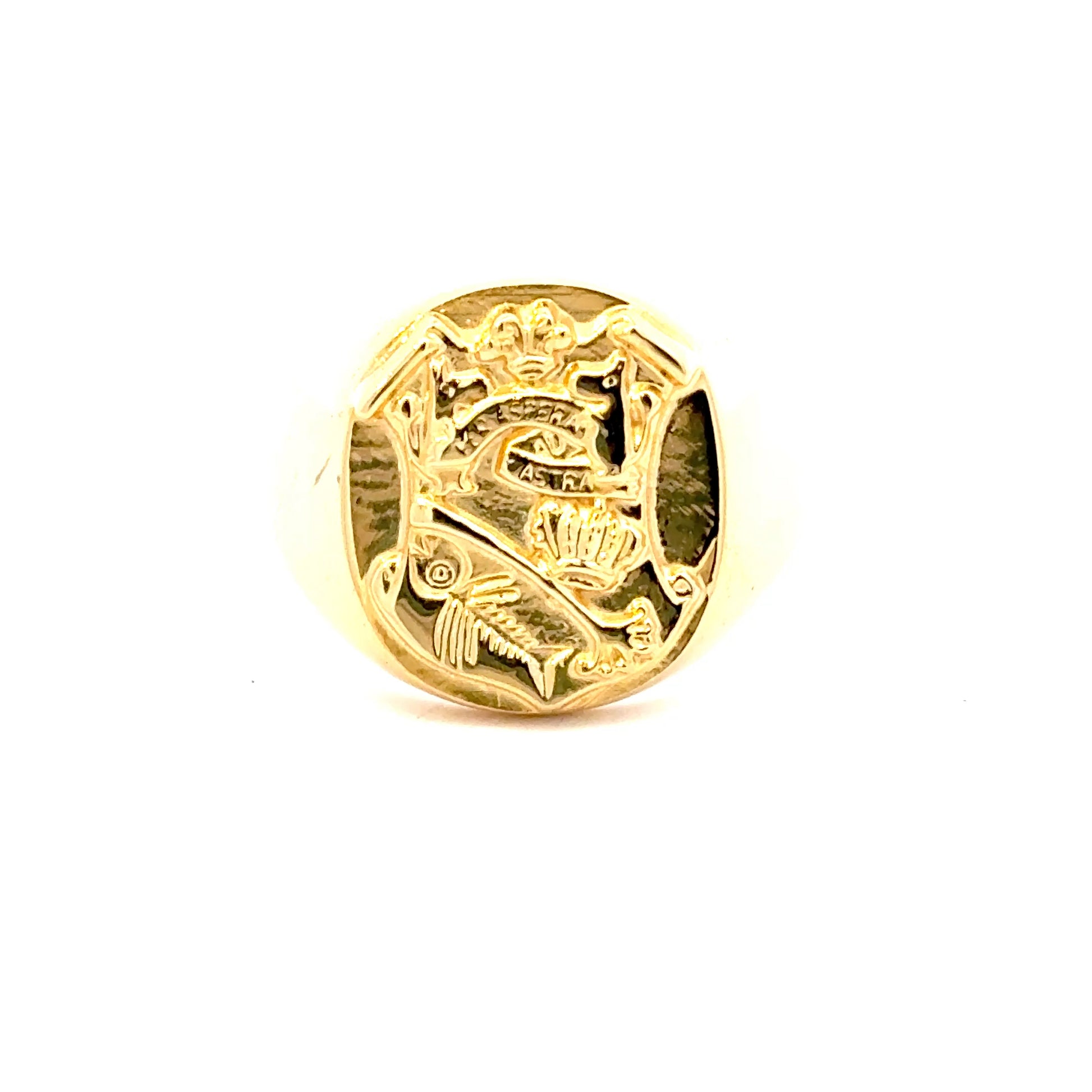 Licensed To Charm 18ct gold vermeil Moomin Crest signet ring showing engraved Moomin characters, fish, crown and motto Per Ardua ad Astra.