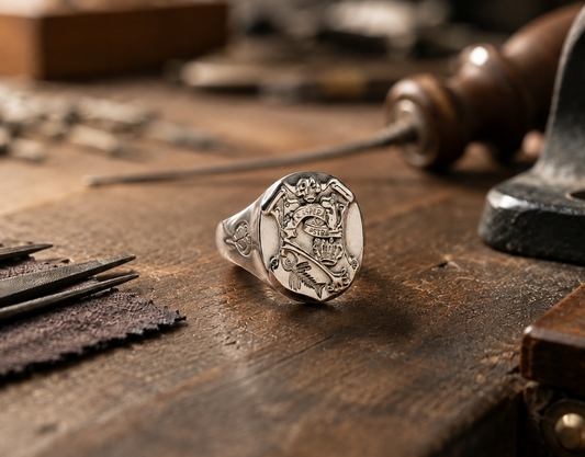 Close-up of a Moomin sterling silver ring on a jeweller’s workbench, surrounded by traditional jewellery-making tools.