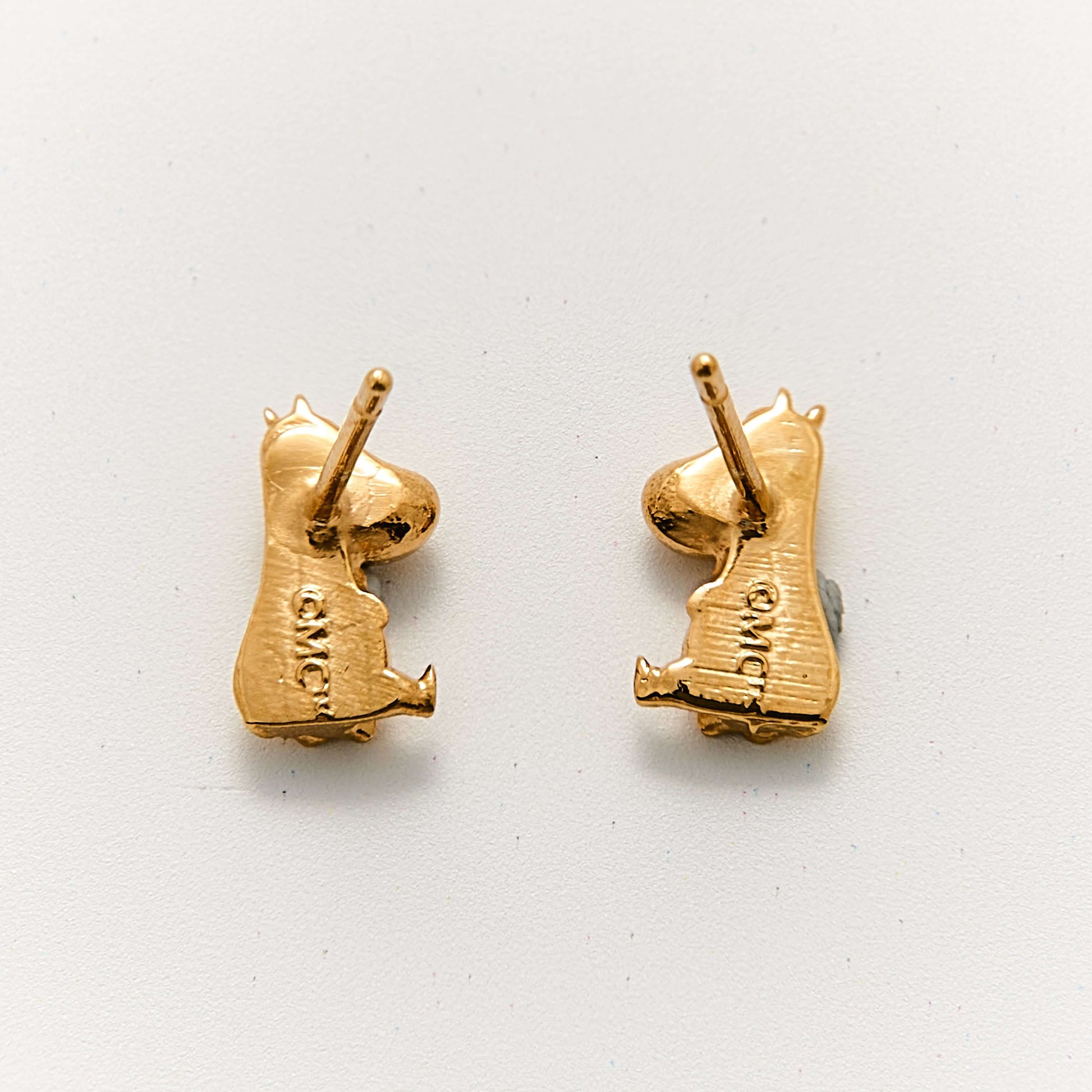 Angled view of Licensed To Charm Moomin Stud Earrings in 18ct gold vermeil