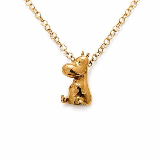 Moomintroll Necklace in 18ct Gold Vermeil, capturing the iconic character from Tove Jansson’s Moomin tales. Handmade and sustainable.