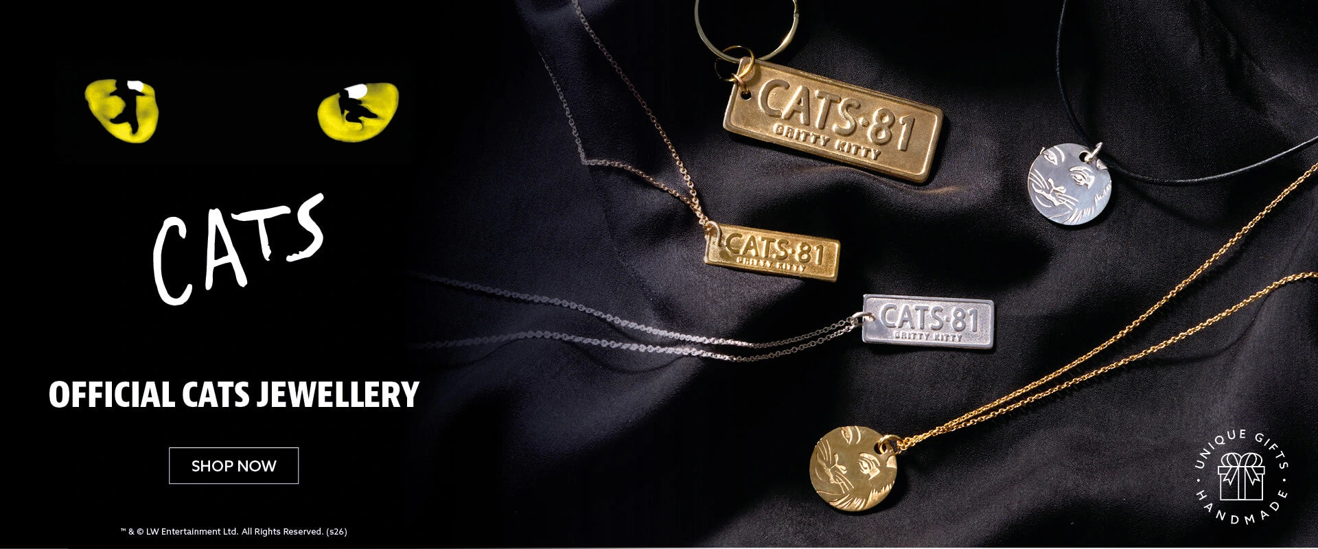 Official Cats jewellery homepage banner showing Cats 81 necklaces and Rum Tum Tugger necklace from Licensed To Charm