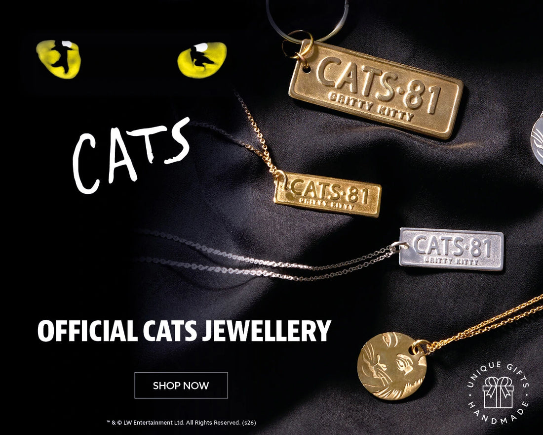 Official Cats jewellery homepage banner showing Cats 81 necklaces and Rum Tum Tugger necklace from Licensed To Charm