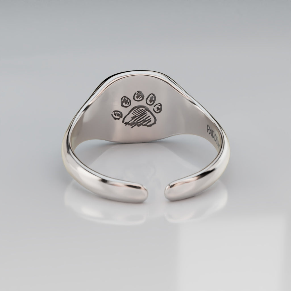 Licensed To Charm adjustable Paddington Bear sterling silver signet ring, handmade jewellery with hidden paw design.
