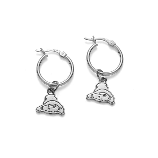 Licensed To Charm Paddington Head Hoop Earrings in sterling silver, pair front view, handmade in UK