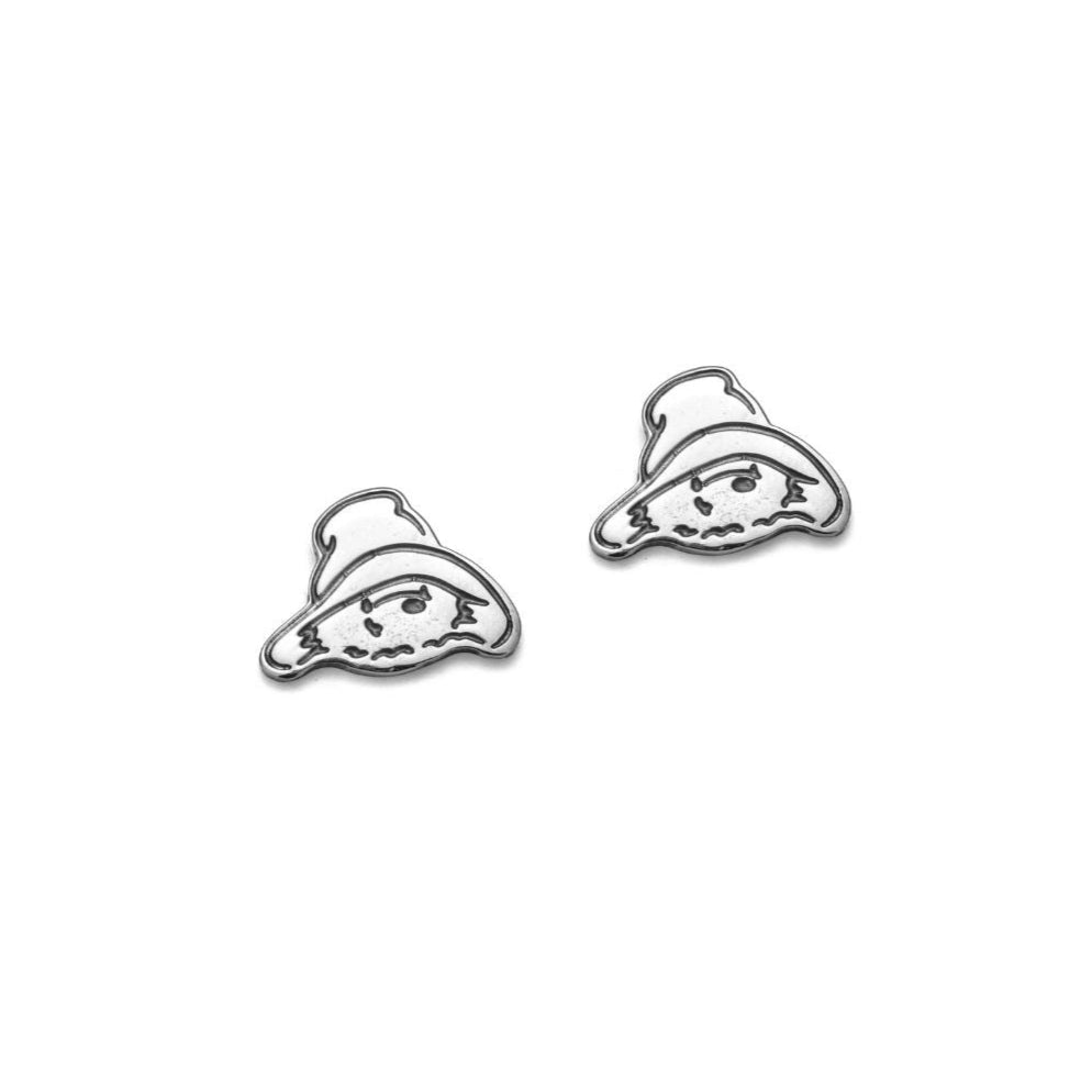 Licensed To Charm Paddington Head Stud Earrings in sterling silver, pair front view, handmade in UK