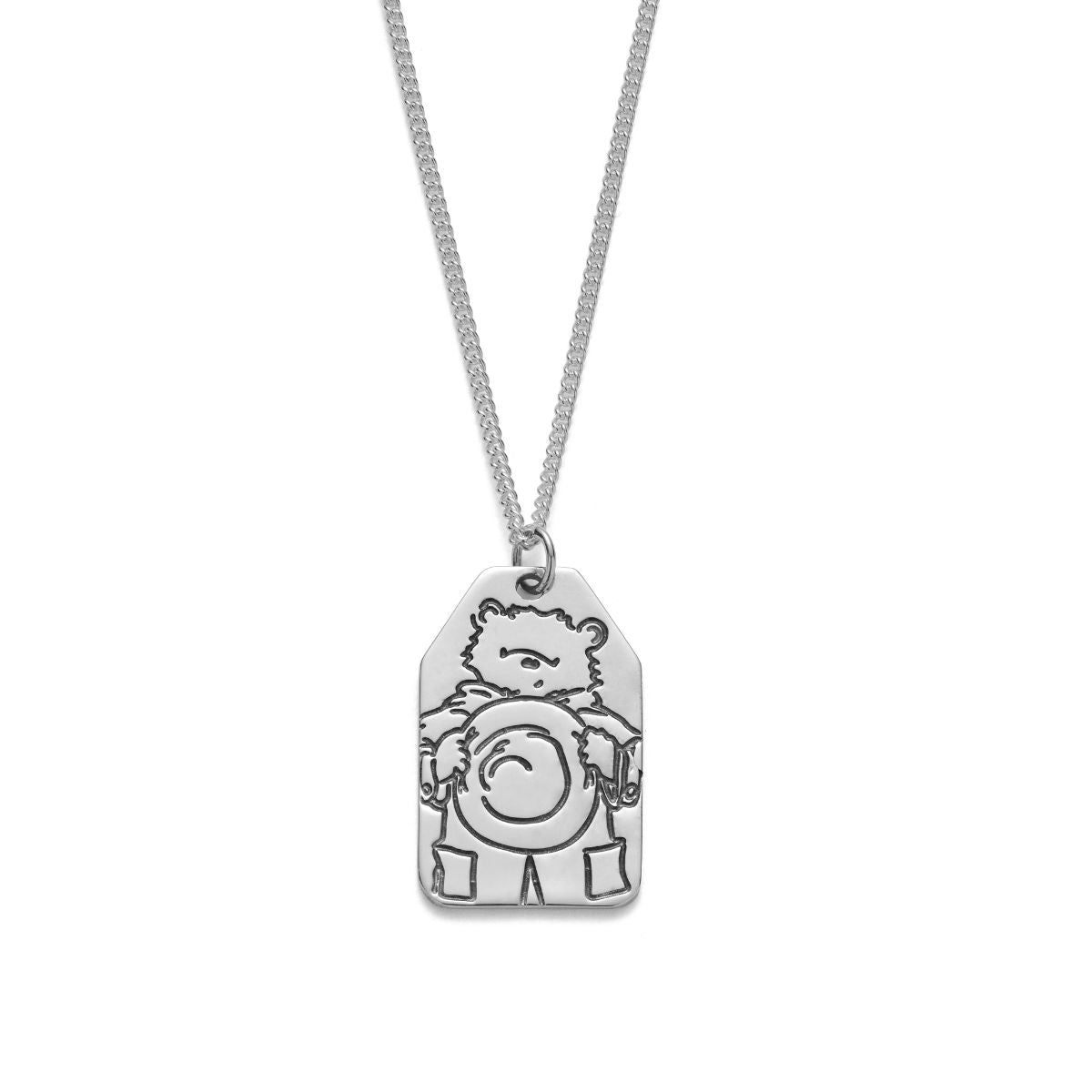 Licensed To Charm Paddington Reversible Luggage Tag Necklace in sterling silver, front on chain, handmade in UK