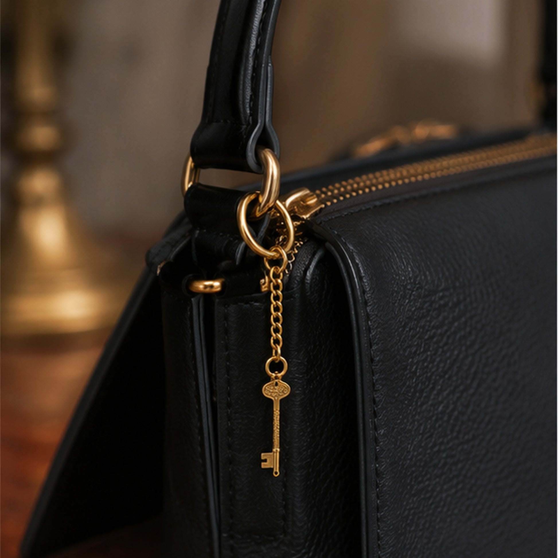 Close-up of a black textured leather handbag with gold-tone hardware, featuring a hanging key charm attached to a ring near the zipper.