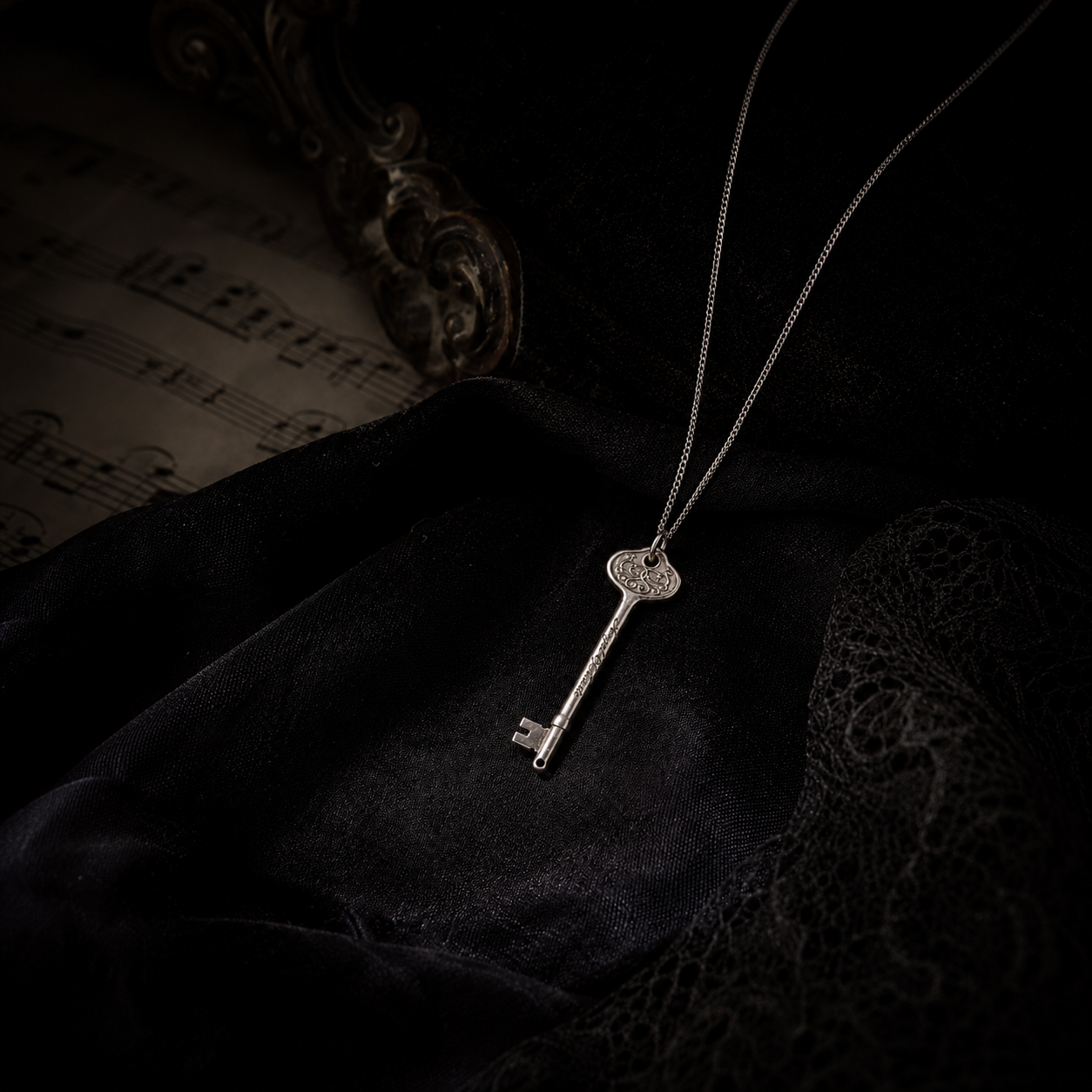 Officially licensed Phantom of the Opera sterling silver key necklace with Angel of Music engraving, styled on dark velvet fabric with a theatrical, romantic mood.