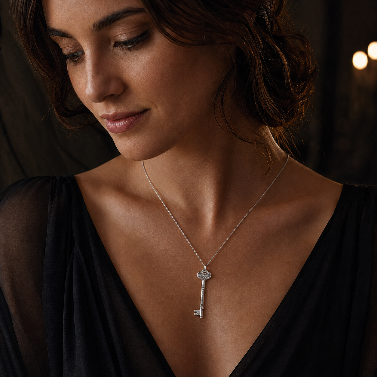 Model wearing the officially licensed Phantom of the Opera sterling silver key necklace by Licensed To Charm, featuring the engraved Angel of Music key pendant styled with a black neckline in soft theatrical lighting.