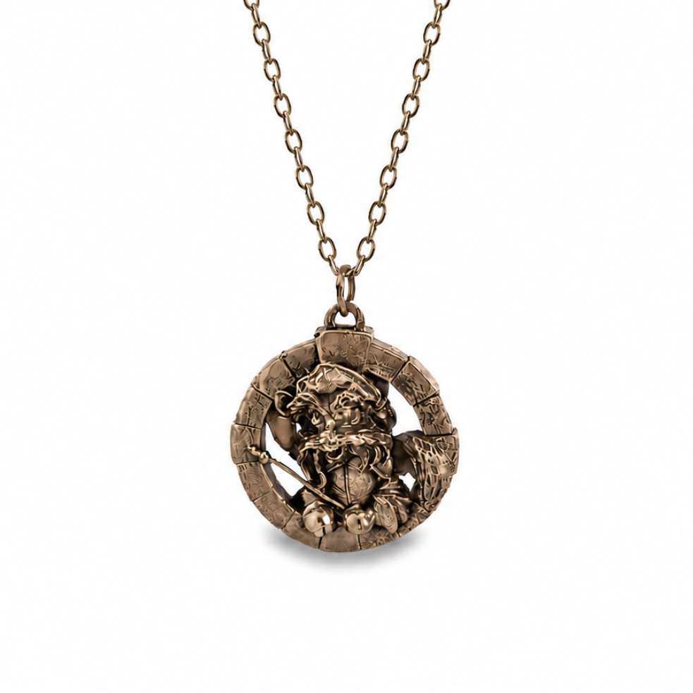 Officially licensed Sir Didymus bronze necklace from the Labyrinth jewellery collection by Licensed To Charm, featuring a detailed circular pendant on a chain.