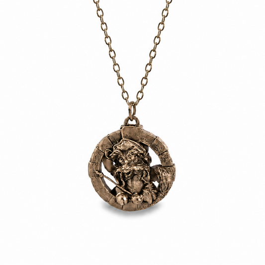 Officially licensed Sir Didymus bronze necklace from the Labyrinth jewellery collection by Licensed To Charm, featuring a detailed circular pendant on a chain.