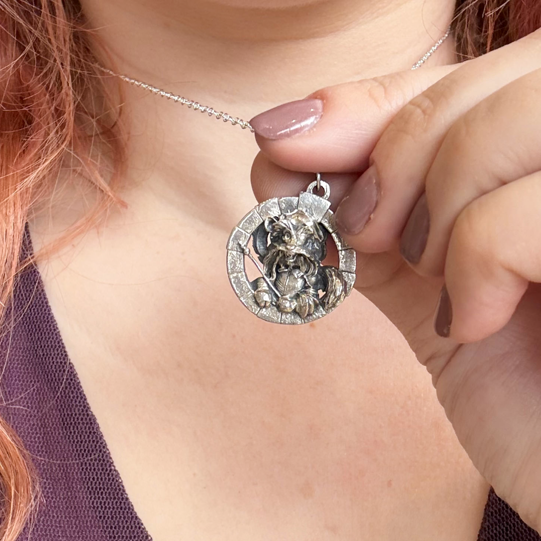 Close-up of Sir Didymus Labyrinth necklace showing detailed character design, officially licensed jewellery