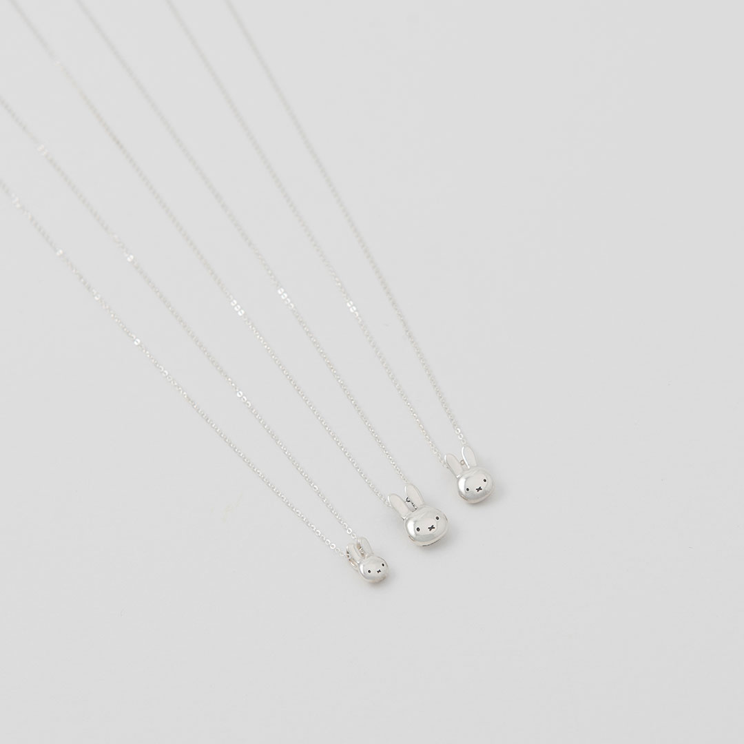 Sterling silver Miffy head necklaces in three sizes displayed on fine chains against a clean white background.