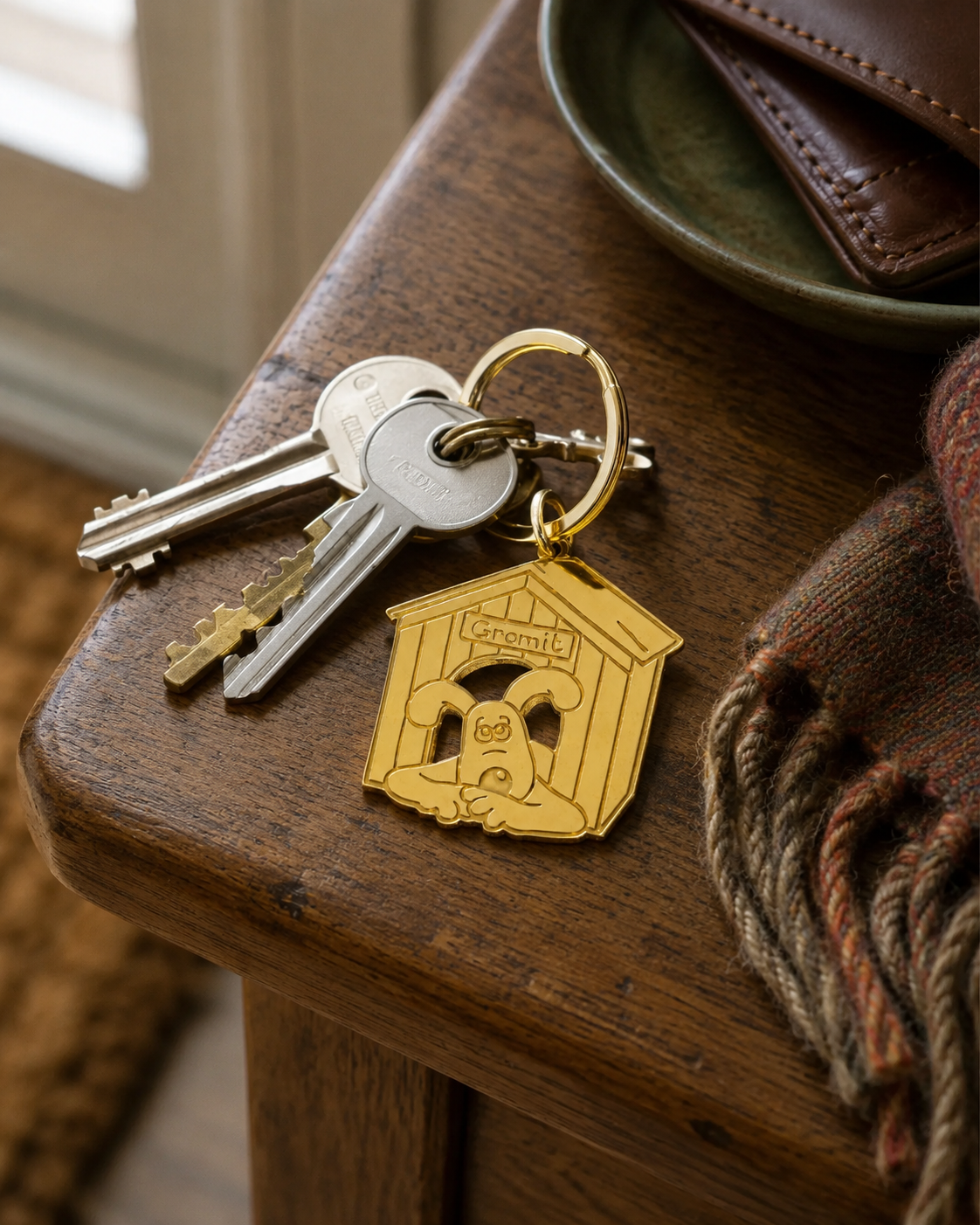 Licensed To Charm Wallace and Gromit Gromit doghouse keyring attached to a set of house keys on a wooden hallway table.