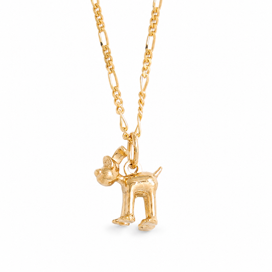 Licensed To Charm Wallace & Gromit Gromit necklace in 18ct gold vermeil with character charm and gold chain on a white background.