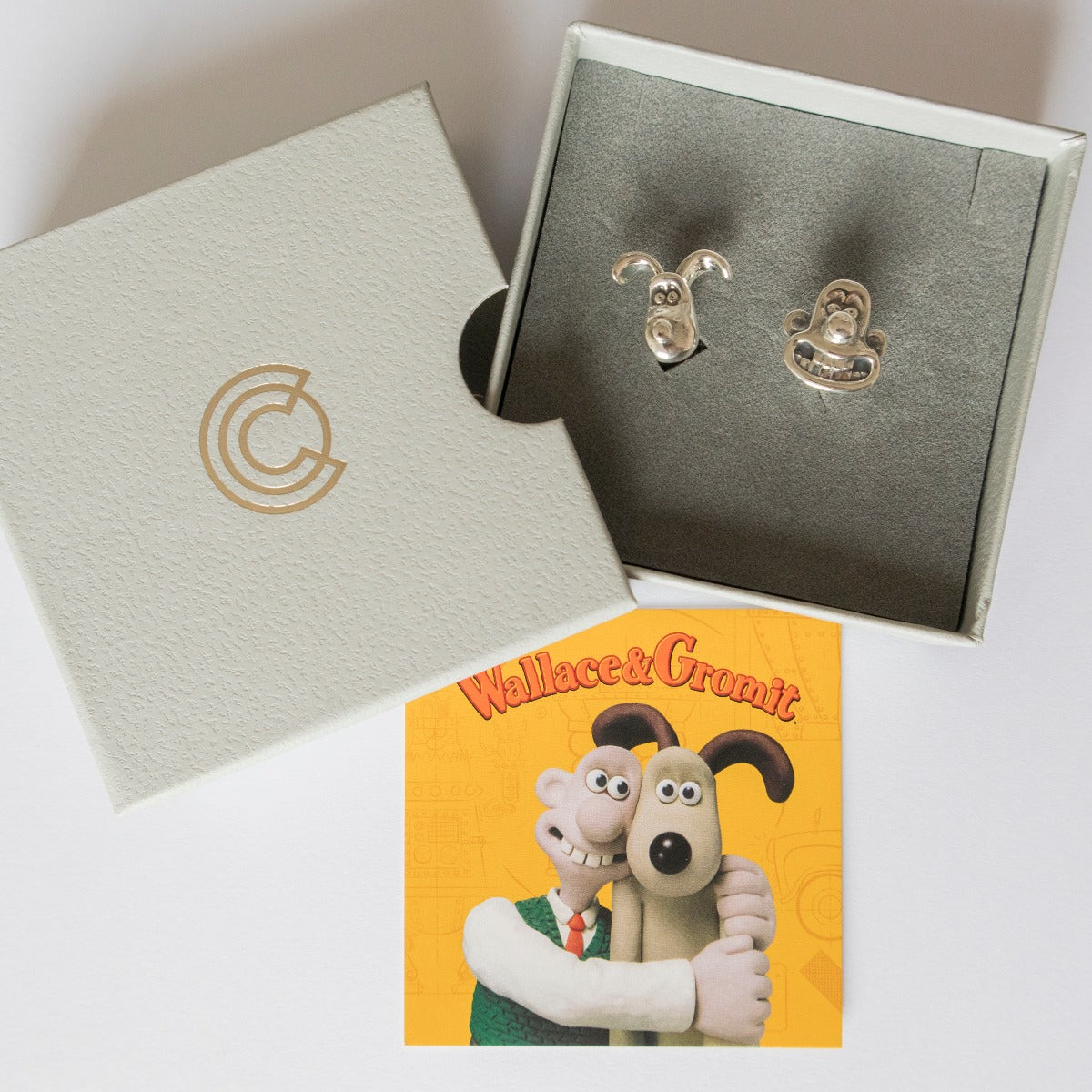 Licensed To Charm Wallace and Gromit sterling silver cufflinks presented in their branded gift box