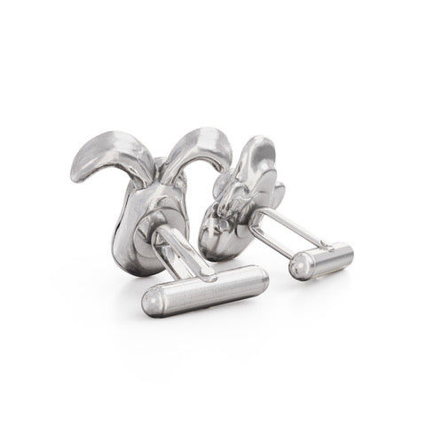 Licensed To Charm Wallace and Gromit cufflinks showing their sterling silver T-bar fastenings