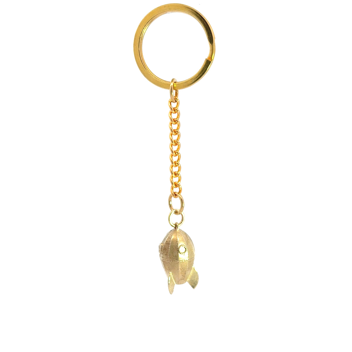 Licensed To Charm Wallace & Gromit Rocket brass bag charm in an alternate view, showing its rounded body, porthole detail and fins