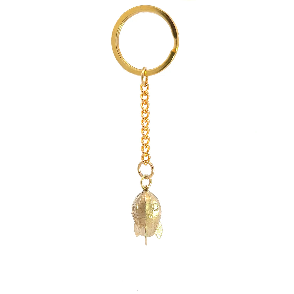 Licensed To Charm Wallace & Gromit Rocket brass bag charm shown full length, with the miniature rocket hanging beneath its chain