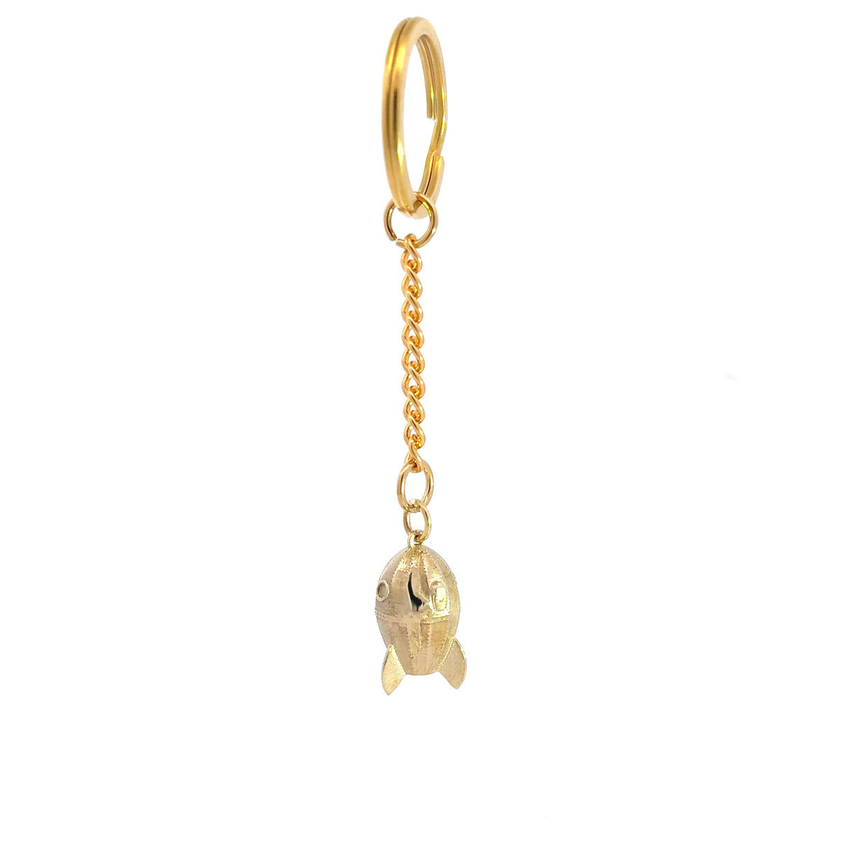 Licensed To Charm Wallace & Gromit Rocket brass bag charm viewed from the side, suspended from a chain and round ring