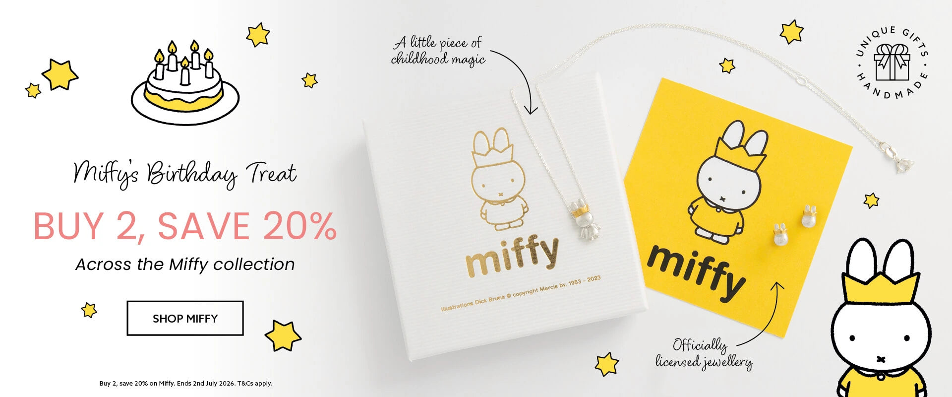 Miffy birthday jewellery offer banner showing officially licensed Miffy jewellery and packaging with Buy 2 Save 20% across the Miffy collection.