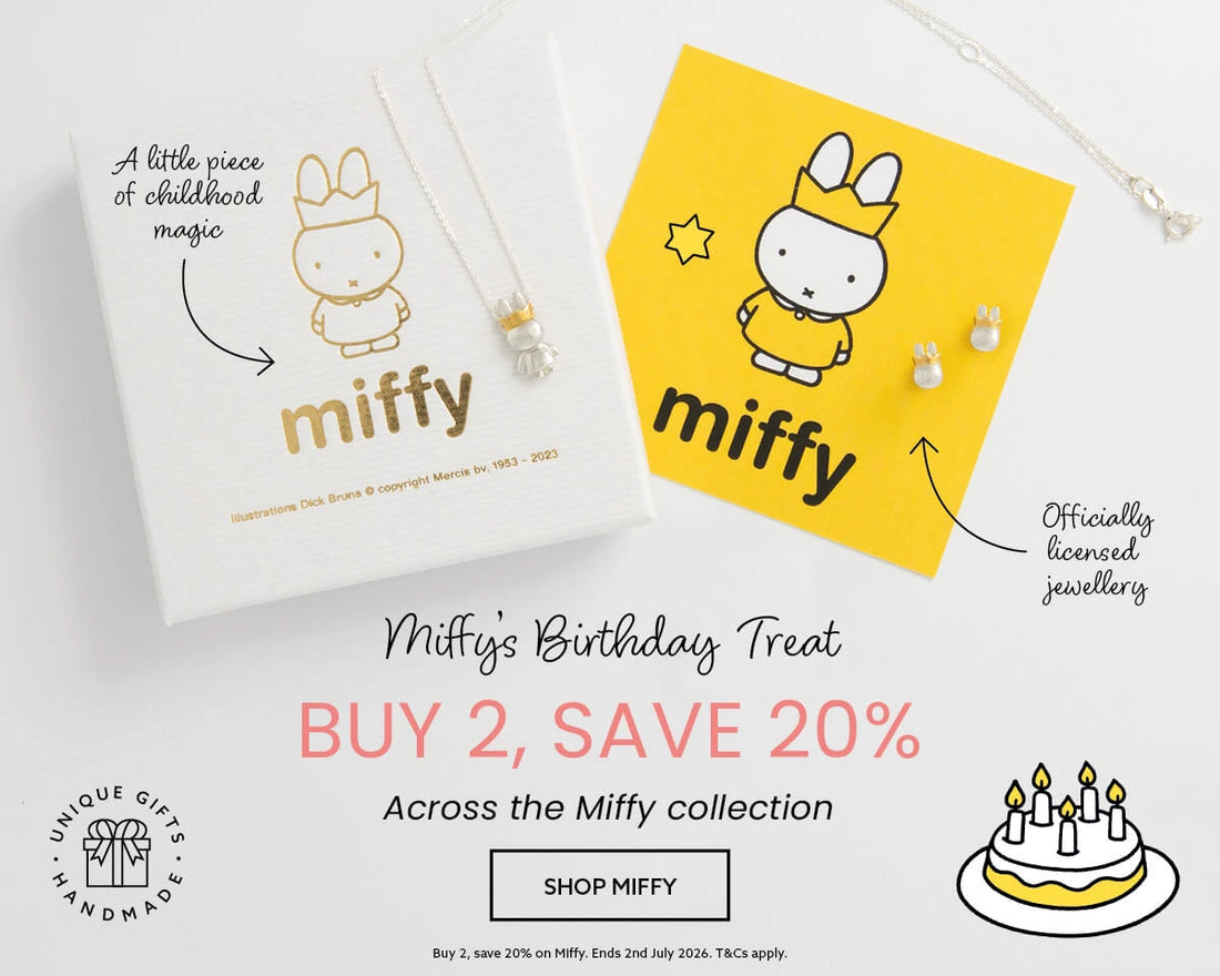 Miffy birthday jewellery offer banner showing officially licensed Miffy jewellery and packaging with Buy 2 Save 20% across the Miffy collection.