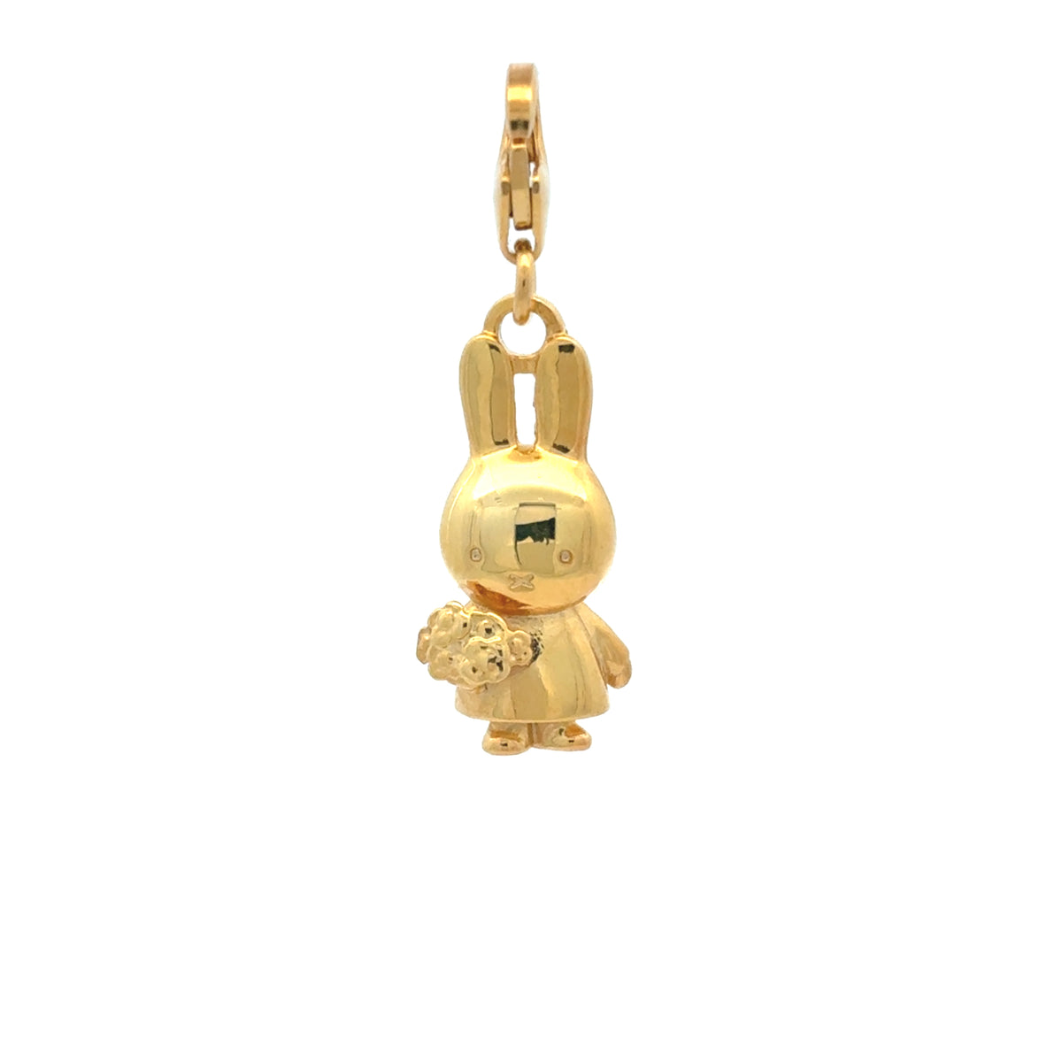 Miffy Holding Flowers clip-on charm in 18ct gold vermeil featuring Miffy carrying a bouquet of flowers with a lobster clasp fastening.