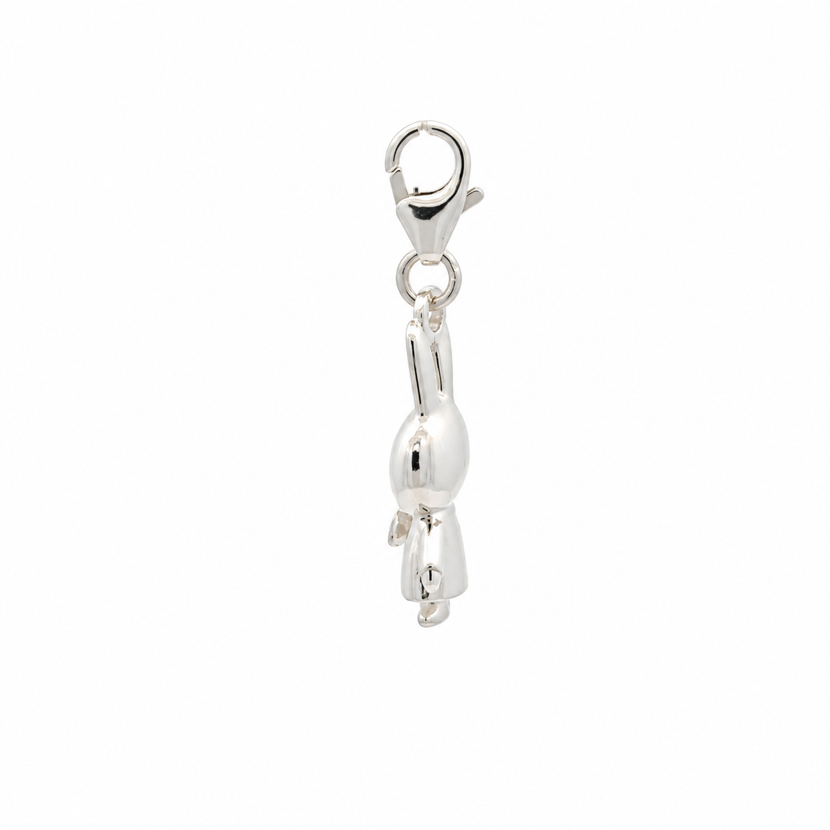 Alternative side view of the sterling silver Miffy Holding Flowers charm showing the lobster clasp, attachment ring and detailed miniature design.
